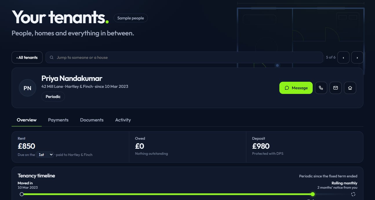 The Tenants page: a list of households, and one tenant’s rent, deposit and tenancy timeline.