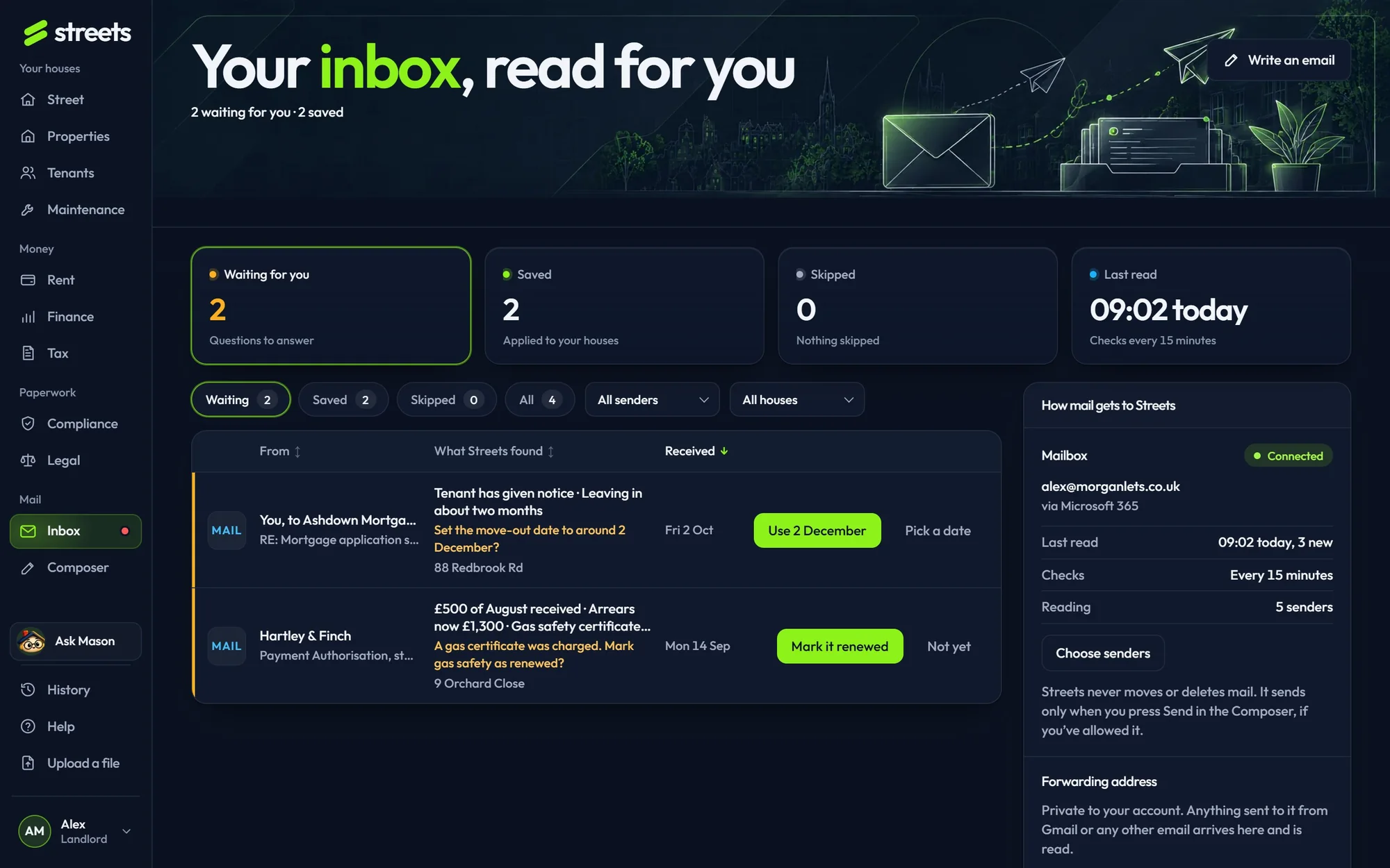 The Inbox on the sample street: documents waiting, what Streets found in each, and the ways mail gets to Streets.