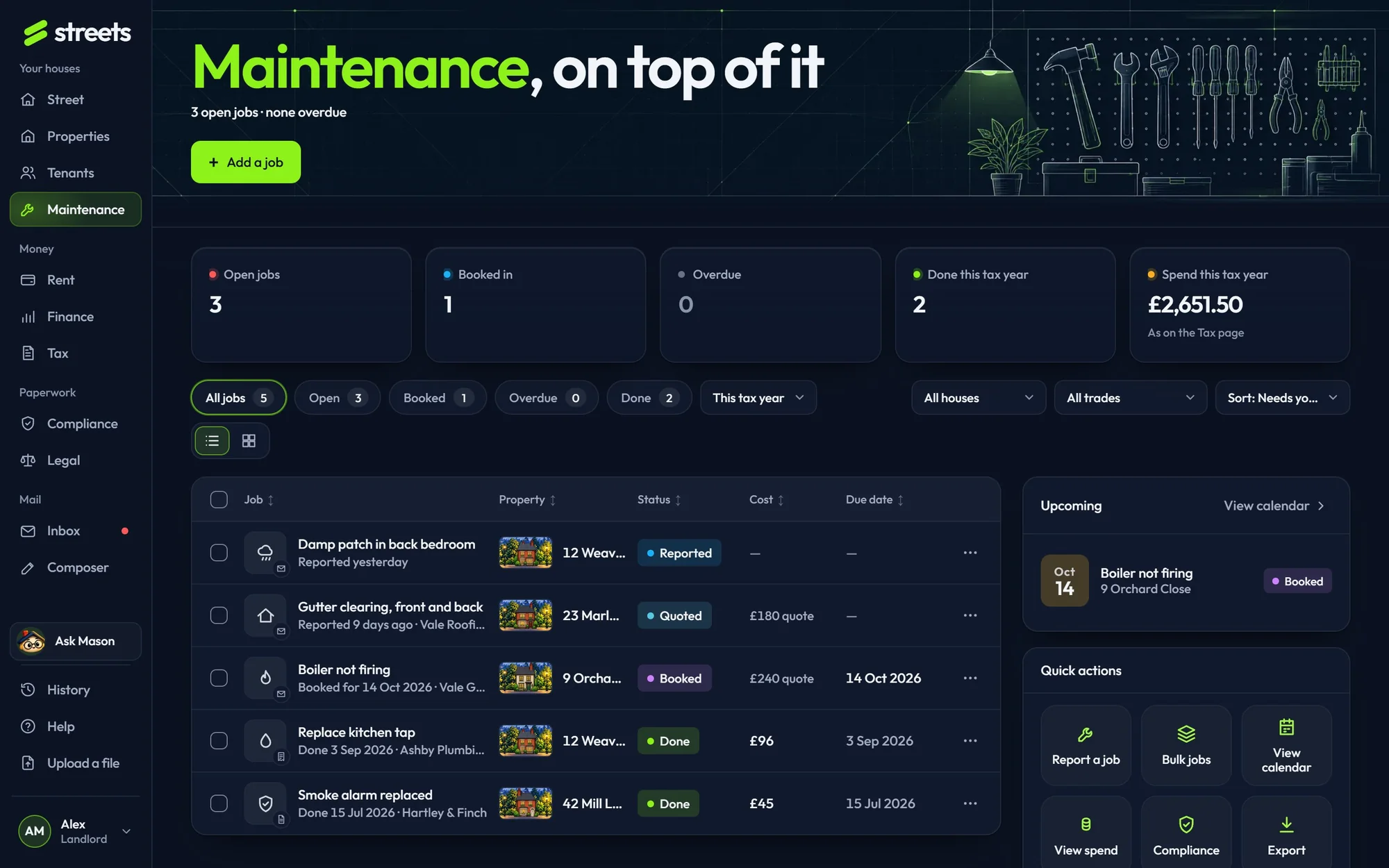 The Maintenance page on the sample street: open, booked and done jobs with their costs.